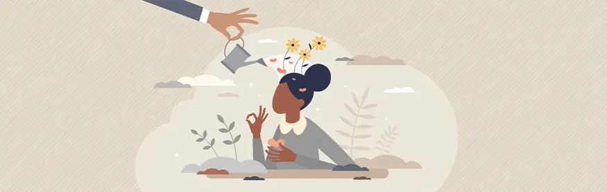 An illustration of a person with dark hair in a bun, sitting outdoors, smiling, with a hand making an okay sign, and watering plants with flowers in the background.