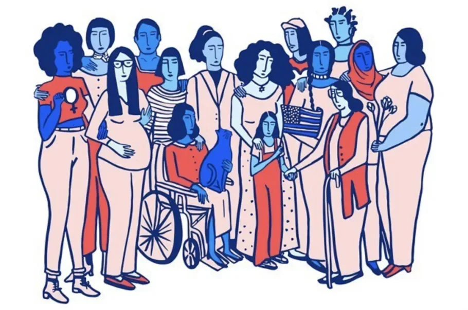 Illustration of a diverse group of people, including individuals with disabilities, standing closely together, some holding flowers and one in a wheelchair, in a stylized, colorful drawing.