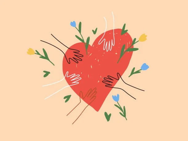 Illustration of a large red heart being embraced by multiple hands, surrounded by small flowers and green leaves.