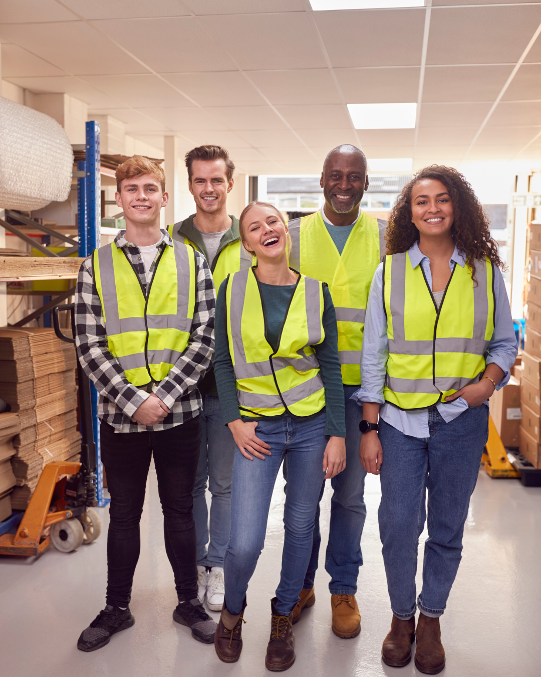 Group of five diverse workers in high visibility vests standing inside a warehouse, smiling at the camera.