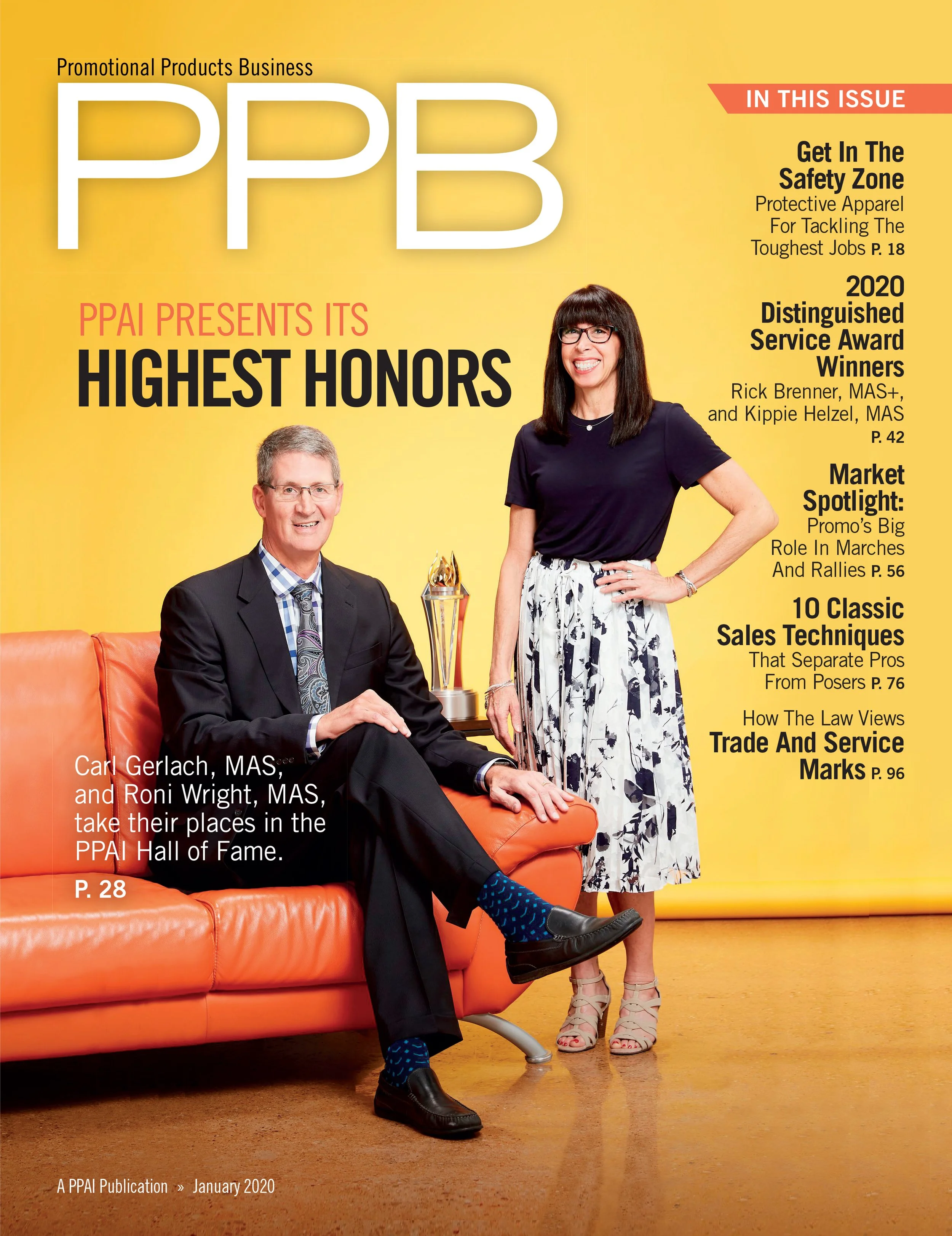 February 2020 cover of Promotional Products Business magazine featuring Carl Gerlach and Roni Wright, patted on a bright orange couch, with a trophy between them, against a yellow background, with article titles on the right side.