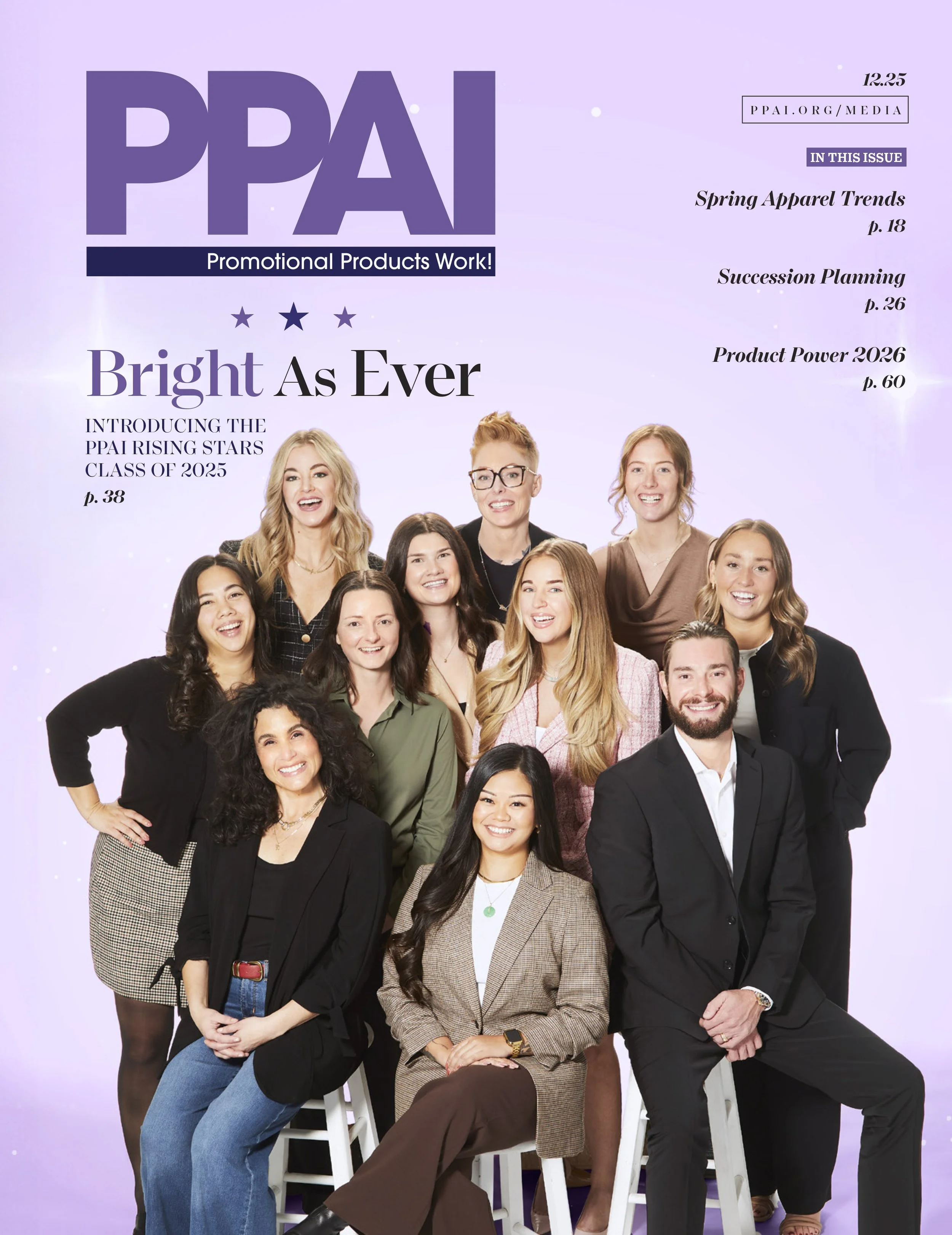 Magazine cover featuring a group of diverse professional people smiling against a purple background with magazine title 'PPA!' and articles listed on the side.