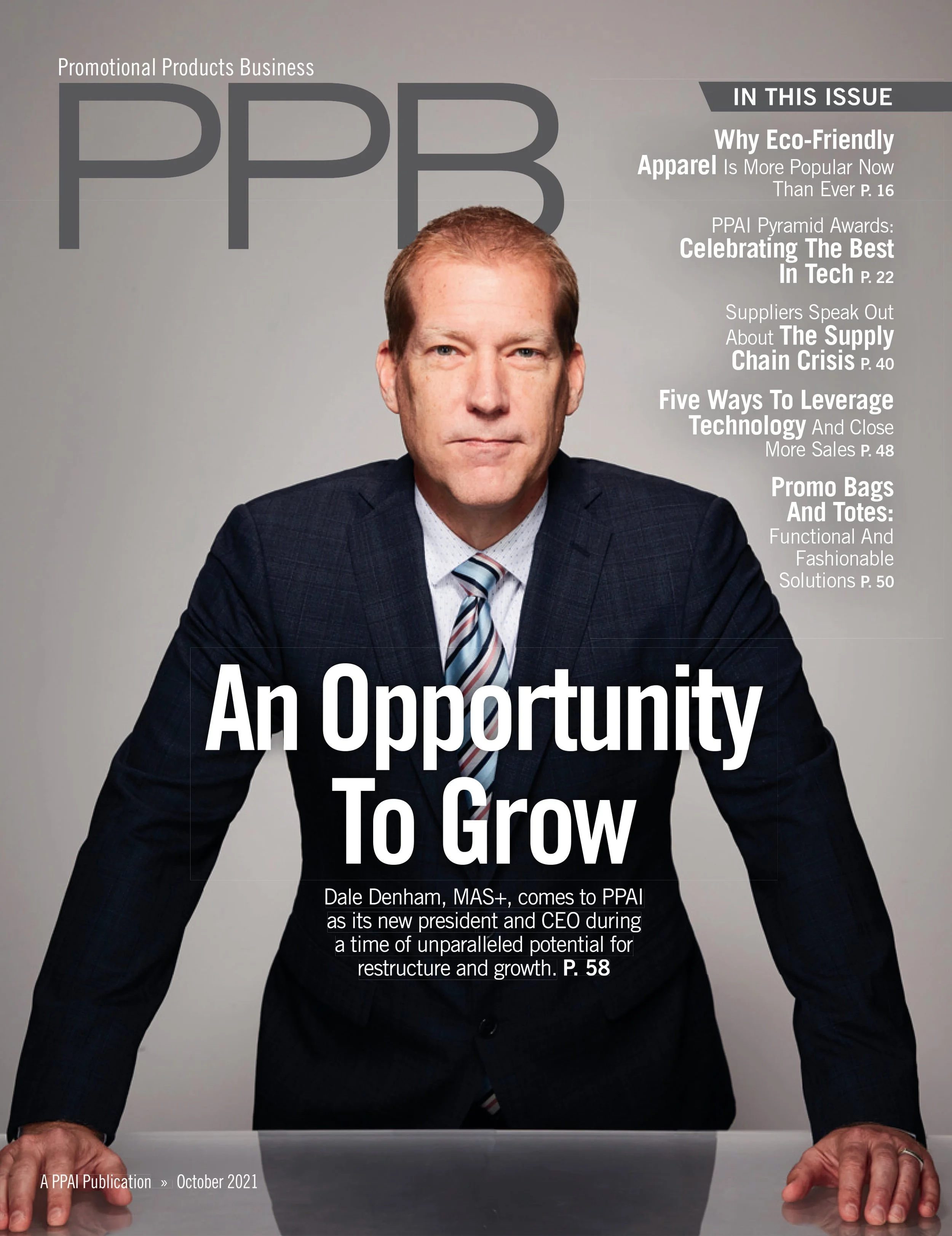 Cover of a business magazine featuring a man in a suit and tie leaning on a table. The magazine title is 'PPB' and includes headlines about eco-friendly apparel, tech awards, supply chain, leveraging technology, and promotional bags. The main headlin