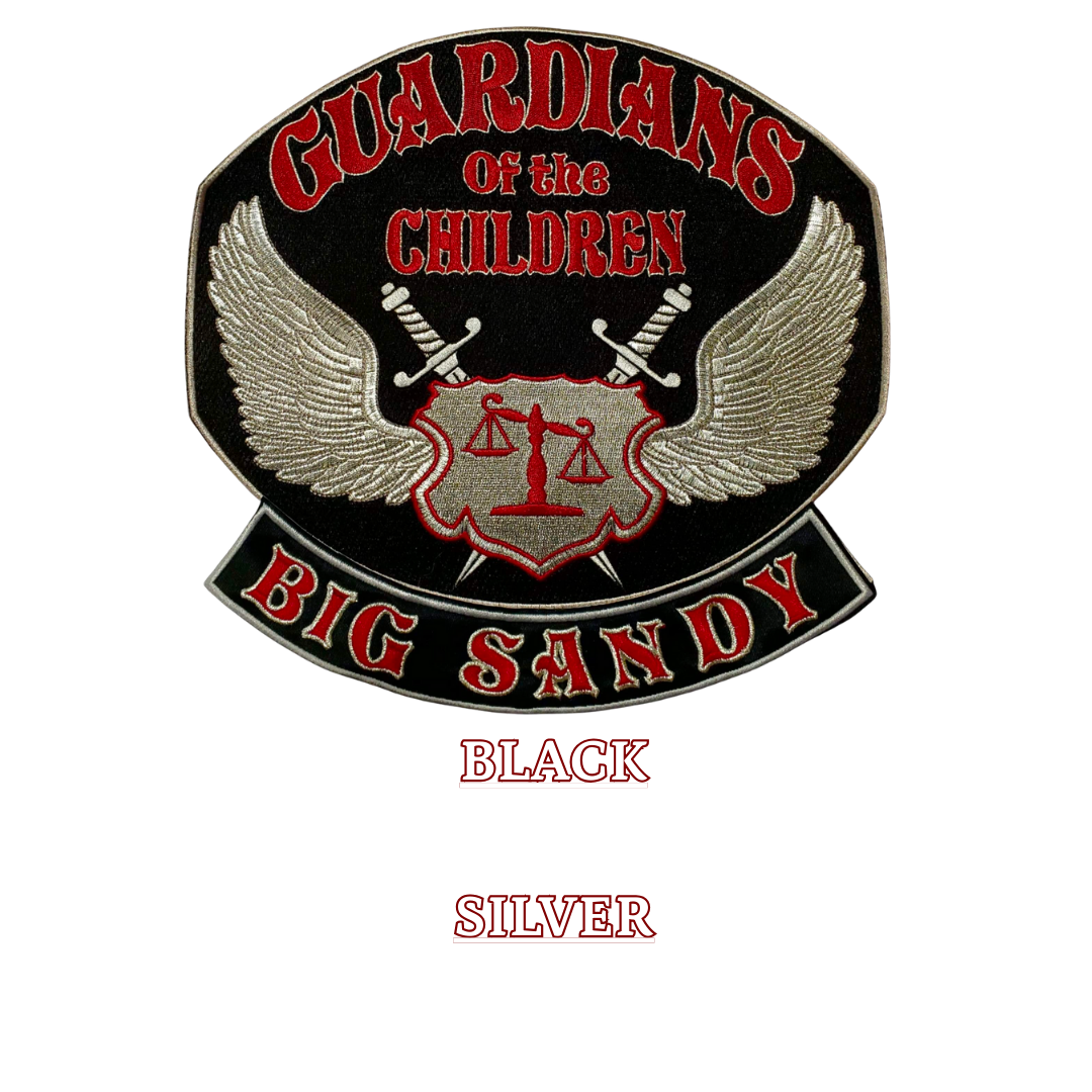'Guardians of the Children Big Sandy' patch featuring wings and a shield with scales and a sword.