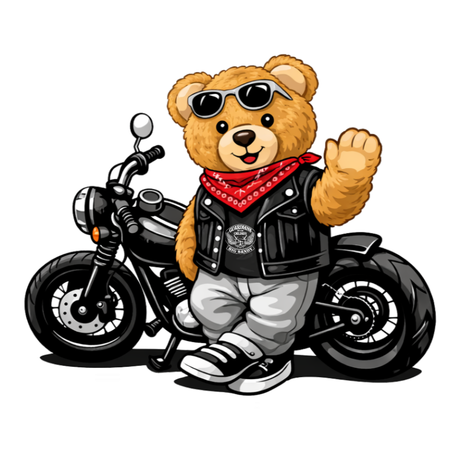 A cartoon bear wearing sunglasses, a red bandana, a leather vest, and gray pants, standing next to a black motorcycle with one paw raised in a waving gesture.