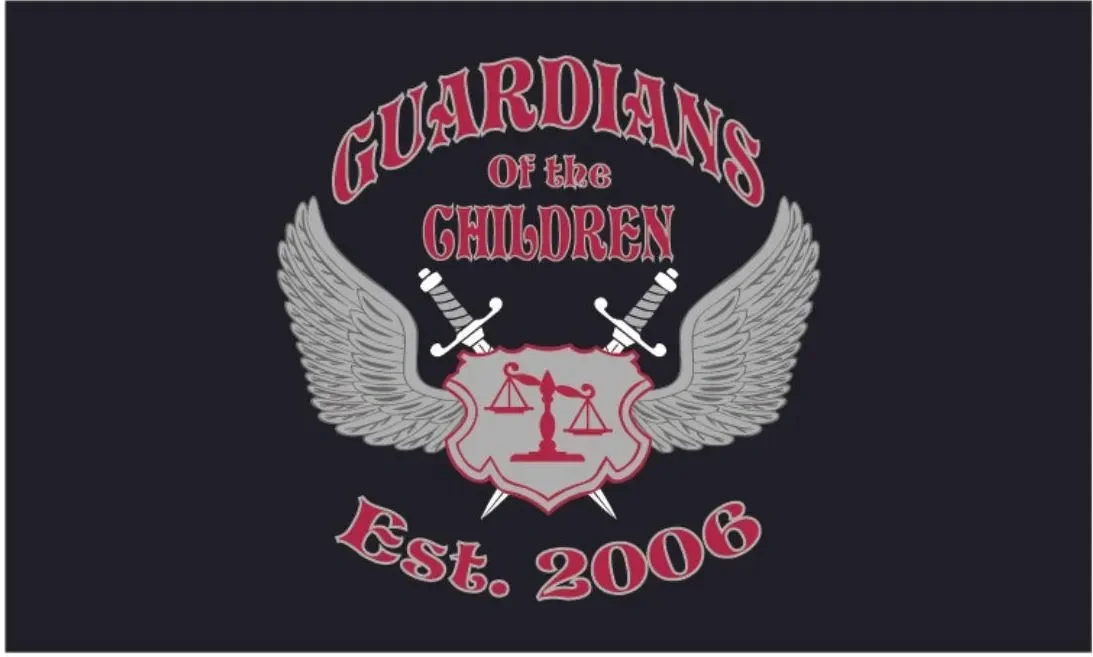 A logo for Guardians of the Children featuring a shield with scales of justice, flanked by wings, with two swords crossing above it. 