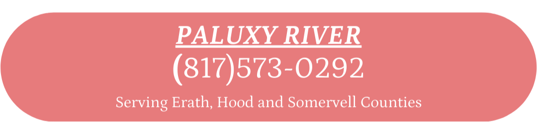Business card for Paluxy River with contact number and service areas