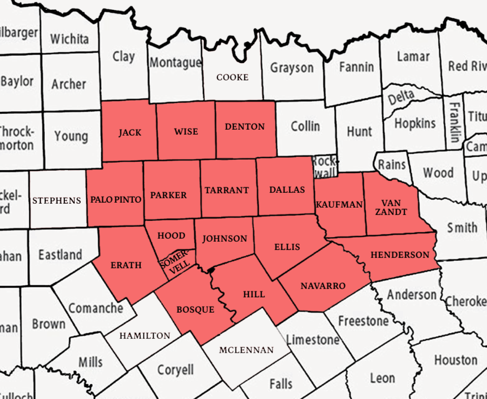 GOC Big Sandy Chapter service counties: Jack, Wise, Denton, Palo Pinto, Parker, Tarrant, Dallas, Kaufman, Van Zandt, Henderson, Navarro, Hill, Bosque, Erath, Johnson, Hood, Somervell, and Ellis.