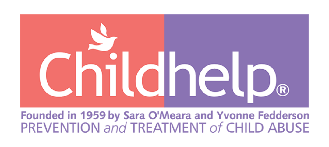 Childhelp logo with a pink and purple background, featuring a white dove and text regarding child abuse prevention and treatment, founded in 1959.