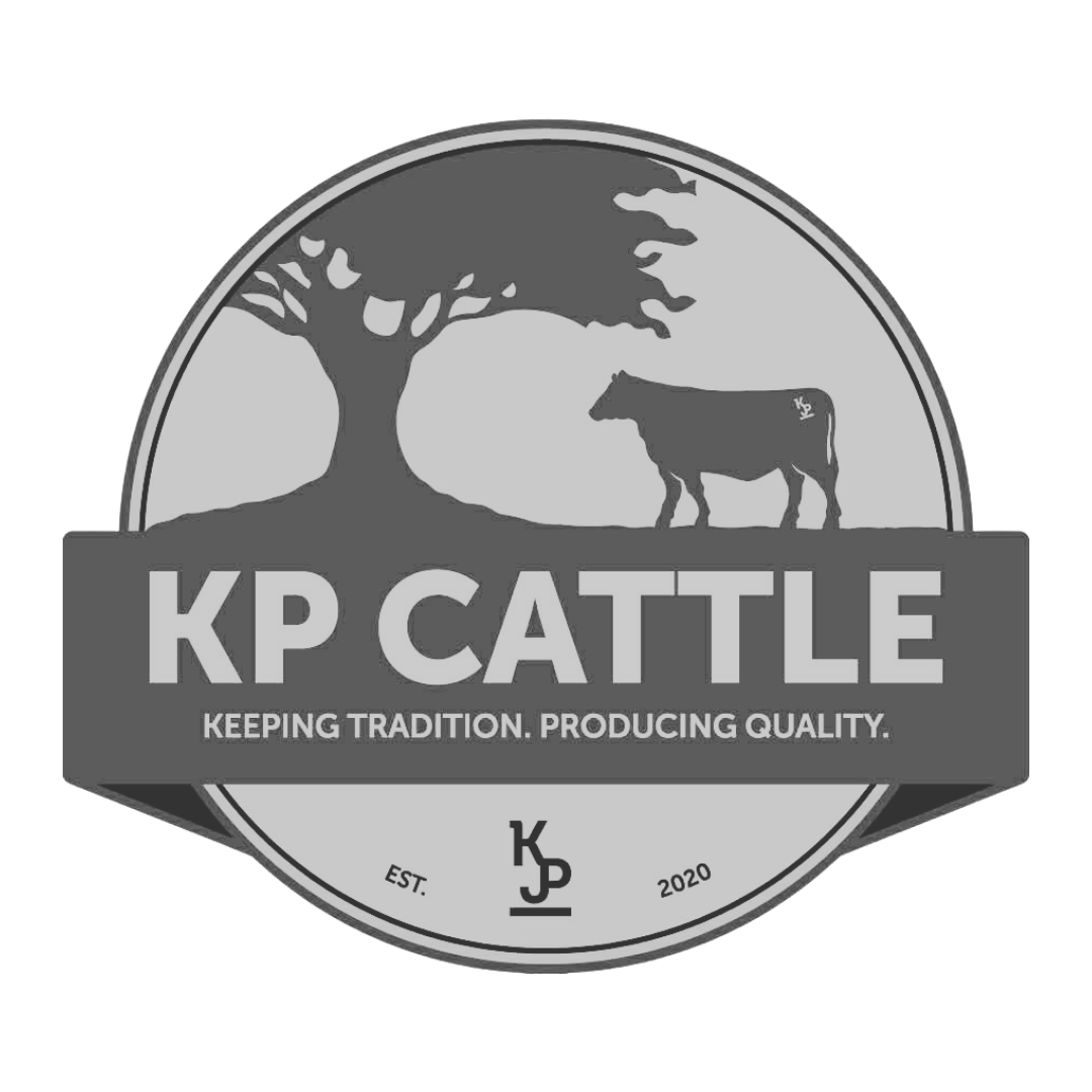 Logo for KP Cattle featuring a tree and a cow with the text "KP CATTLE" and slogan "Keeping Tradition. Producing Quality." established in 2020.
