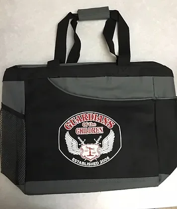 Black and gray cooler bag with a patch on it that says "Guardians of the Children, Established 2006" with wings and a shield.