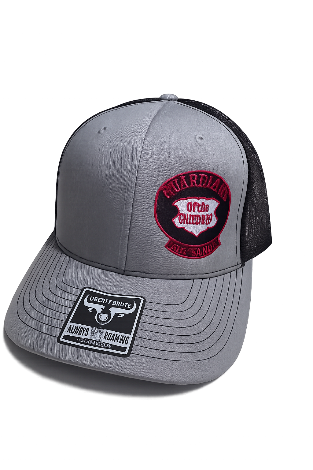 Gray and black baseball cap with embroidered patch reading 'GUARDIANS OF THE CHILDREN'.