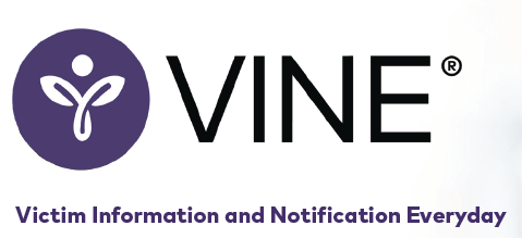 VINE logo with purple emblem and black text,"Victim Information and Notification Everyday" in purple
