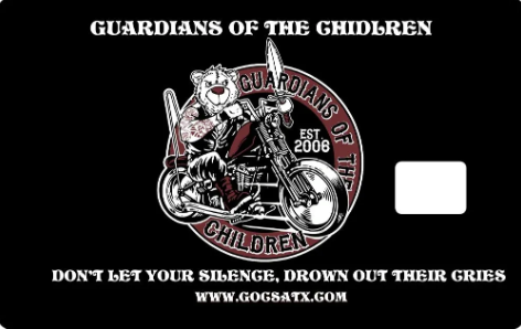 A graphic design featuring a cartoon lion riding a motorcycle, with the text 'Guardians of the Children' at the top and 'Don't let your silence drown out their cries' at the bottom.