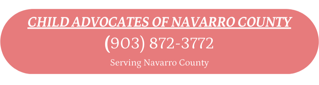 Graphic design with rounded pink background featuring white and red text promoting Child Advocates of Navarro County, including a phone number and service area.
