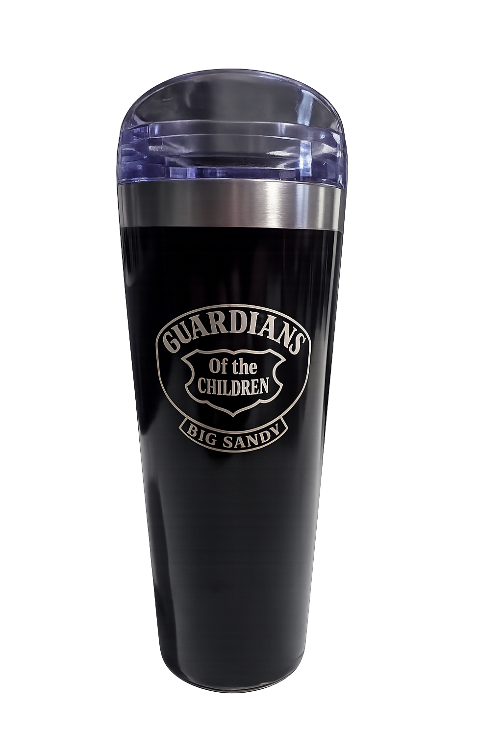 A tall, black travel mug with a clear lid and a silver band, featuring a logo that says "Guardians of the Children Big Sandy."