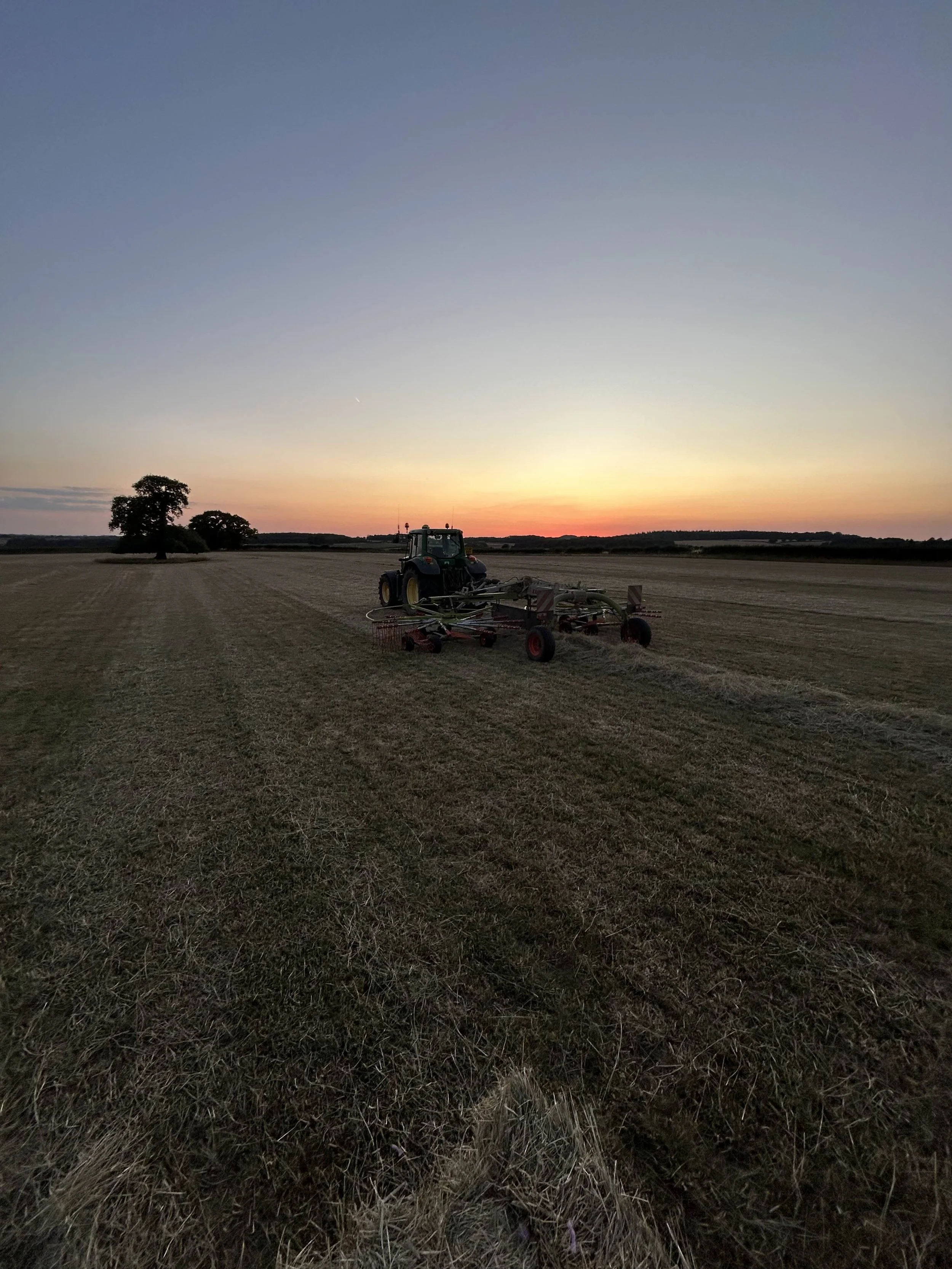 A tractor working in a field during sunset, with a few trees on the horizon.