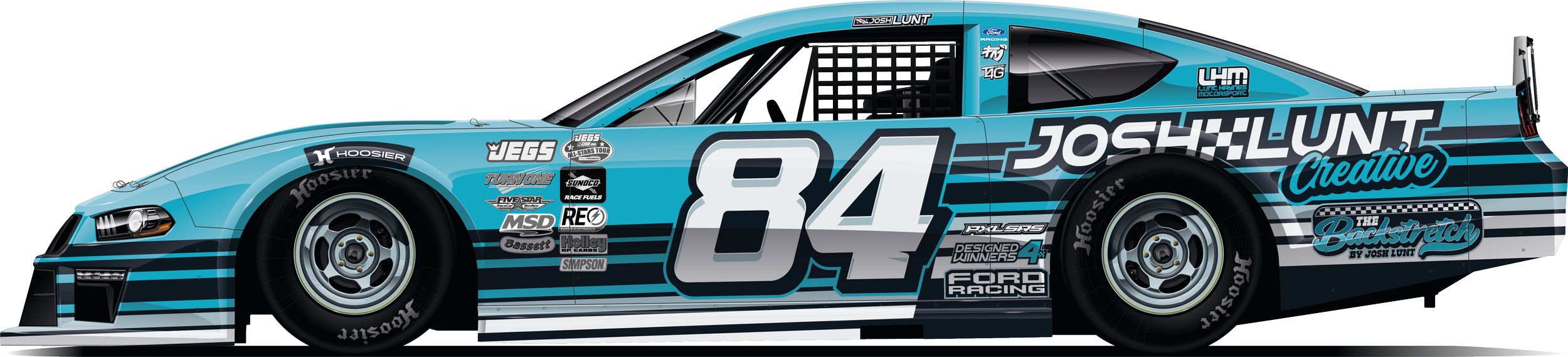 Blue and black racing stock car with number 84 driven by Josh Lunt, featuring sponsor logos and a city skyline graphic.