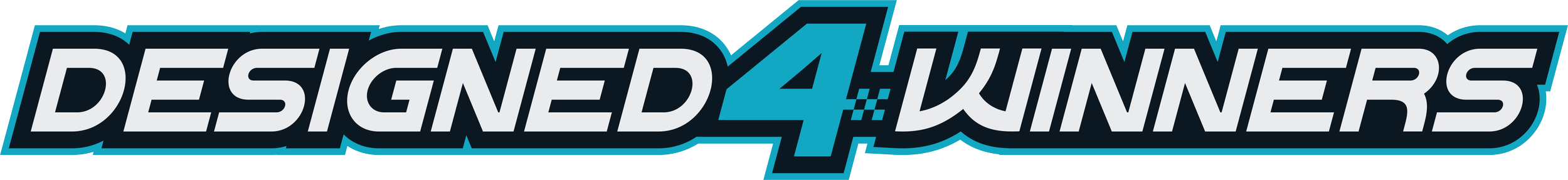 Logo with the text Designed 4 Winners in a bold, sporty font with black, blue, and white colors.