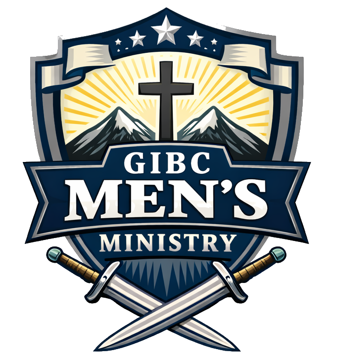 Logo for GIBC Men's Ministry featuring mountains, a cross, radiant rays, stars, and two crossed swords.