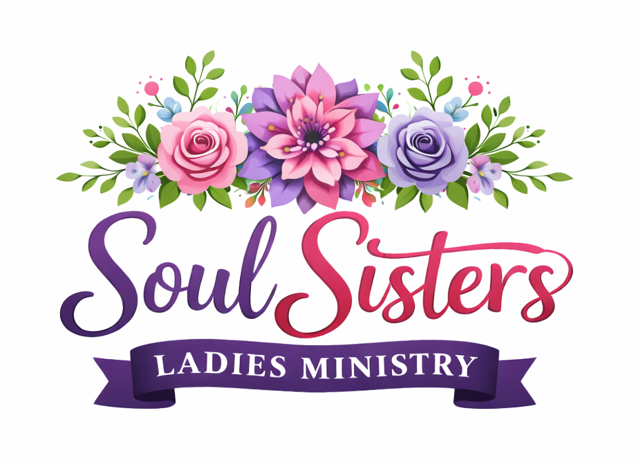 Logo for Soul Sisters Ladies Ministry featuring pink and purple flowers and the text 'Soul Sisters Ladies Ministry' in purple and pink font with a purple ribbon banner.