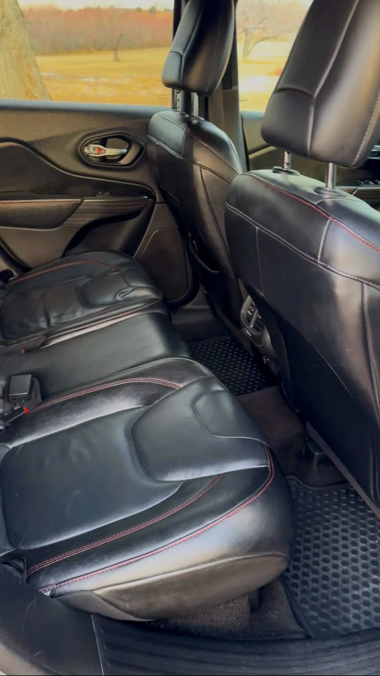 The backseat interior of a vehicle with black leather seats and red stitching, facing a window with a view of a park or field.