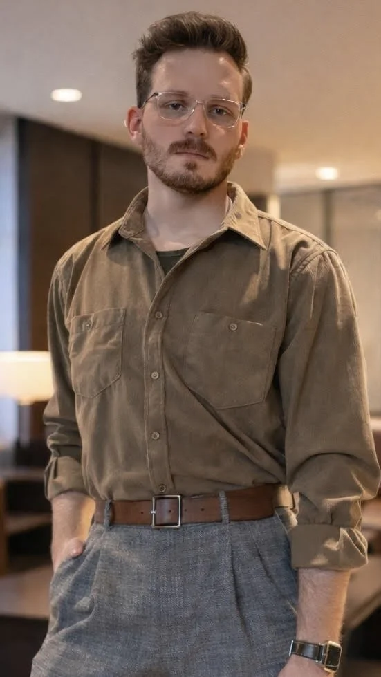 A man with glasses, a beard, and short hair standing indoors with his hands in his pockets, wearing a brown shirt, gray trousers, and a watch.