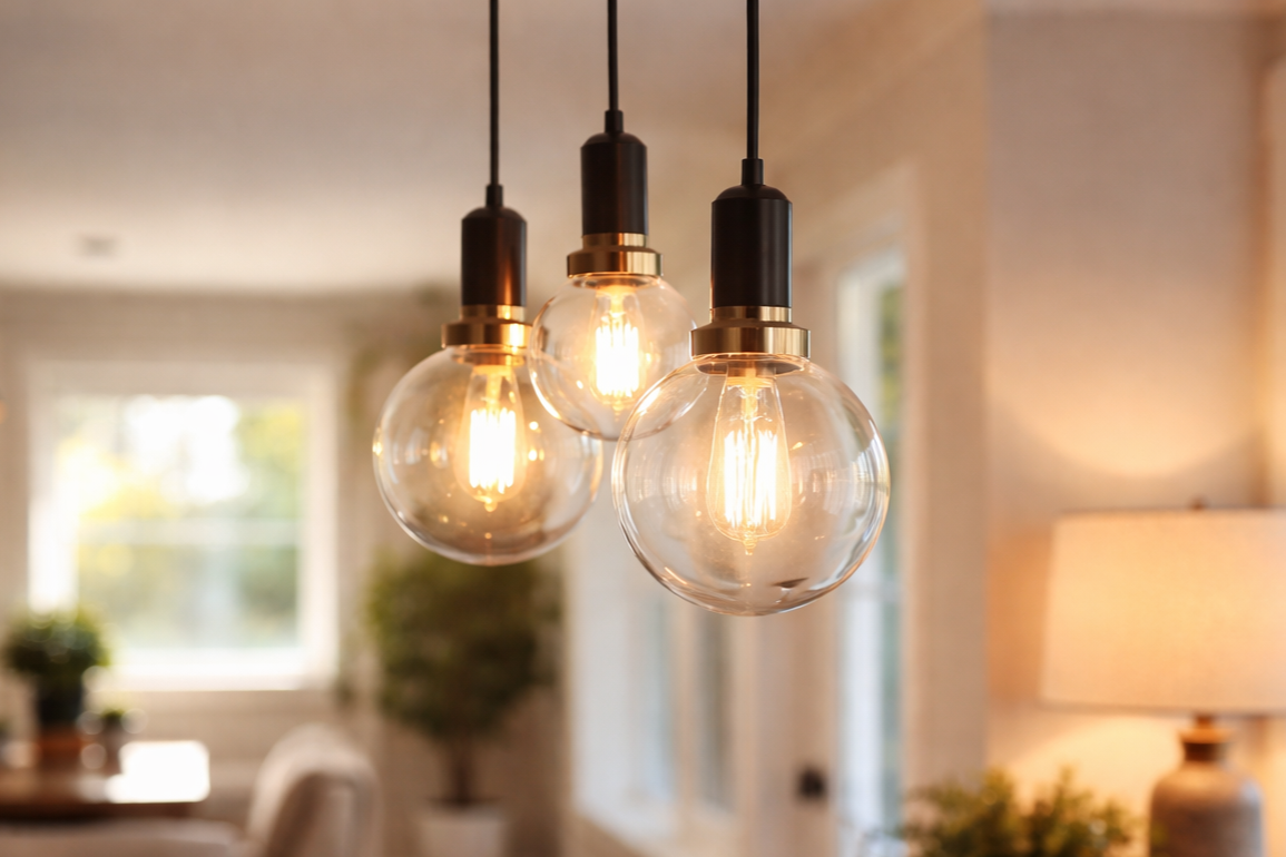 Three hanging modern pendant lights with clear glass globes and Edison bulbs in a cozy living space with large windows and a lamp in the background.