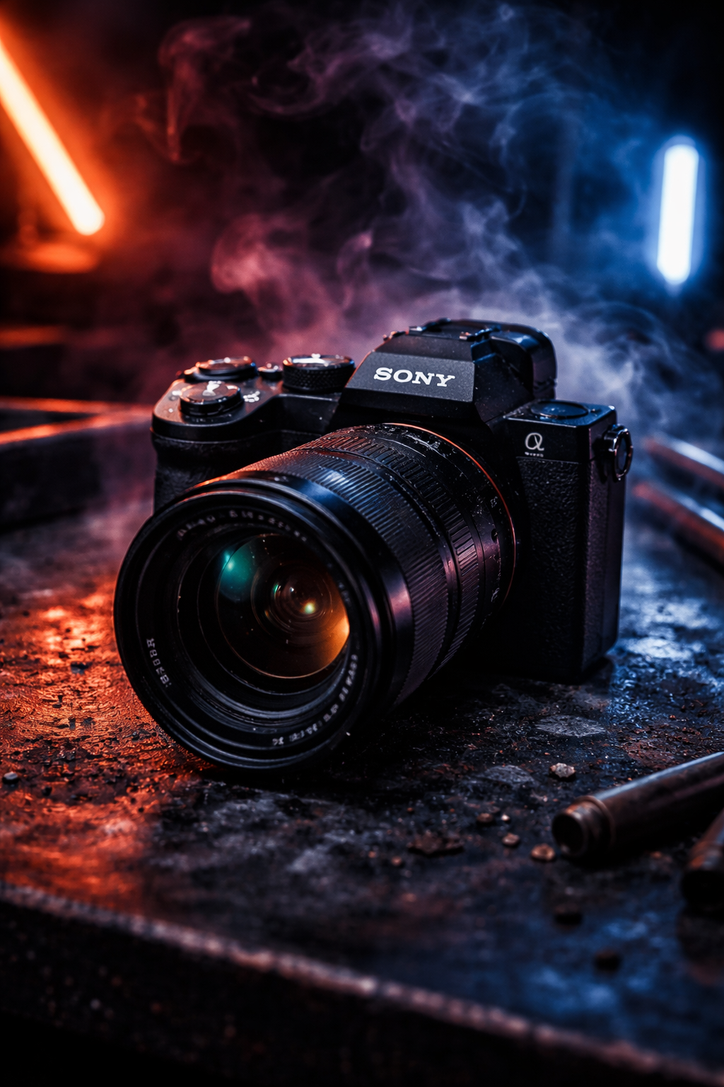 A Sony mirrorless camera with a zoom lens, sitting on a dark, textured surface with scattered debris, surrounded by purple and orange smoke and illuminated by colorful neon lights.