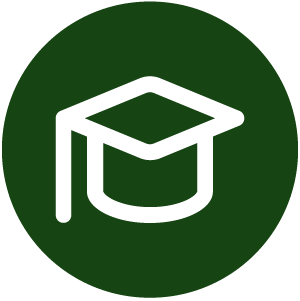 Icon of a graduation cap on a green circular background.