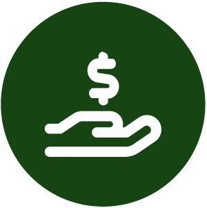Icon of a hand holding a dollar sign in a circle with a dark green background.