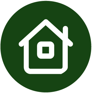 White house icon inside green circular background.