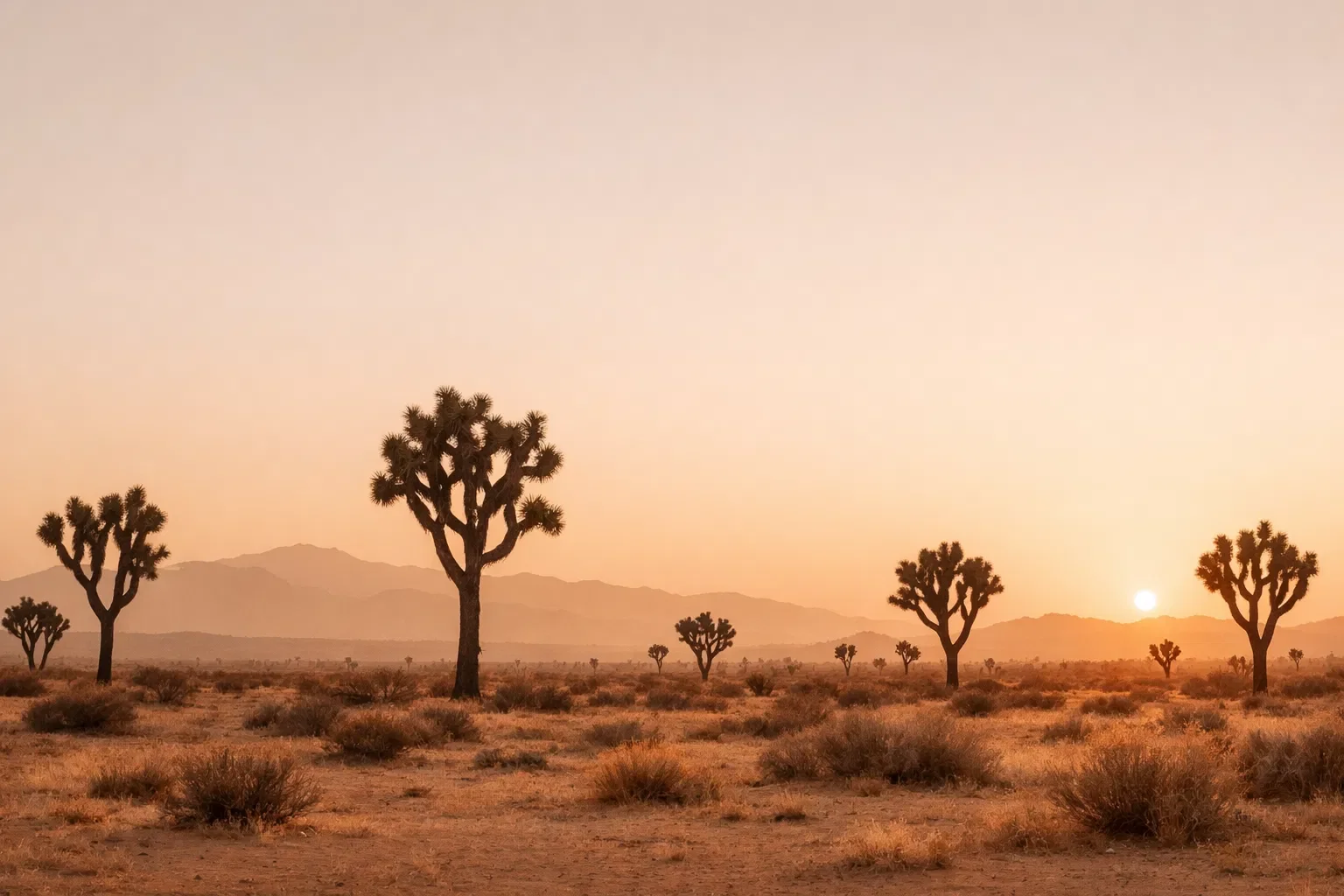 Desert landscape at sunset with Joshua trees and distant mountains