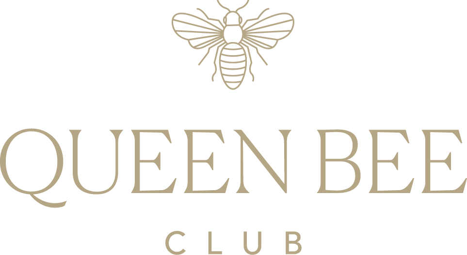 Logo for Queen Bee Club featuring a stylized bee above the text.