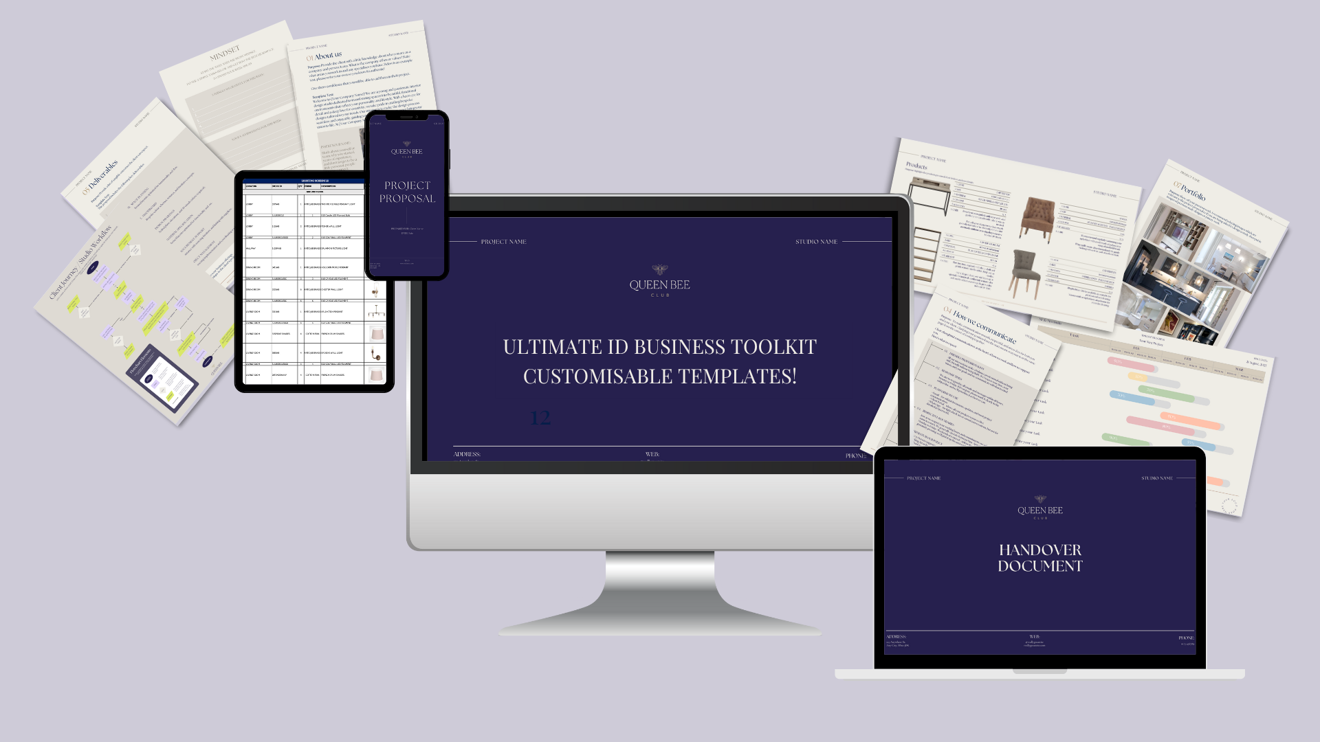 Collection of business documents, templates, and digital devices displaying branding and project plans for Queen Bee Club's ID toolkit.
