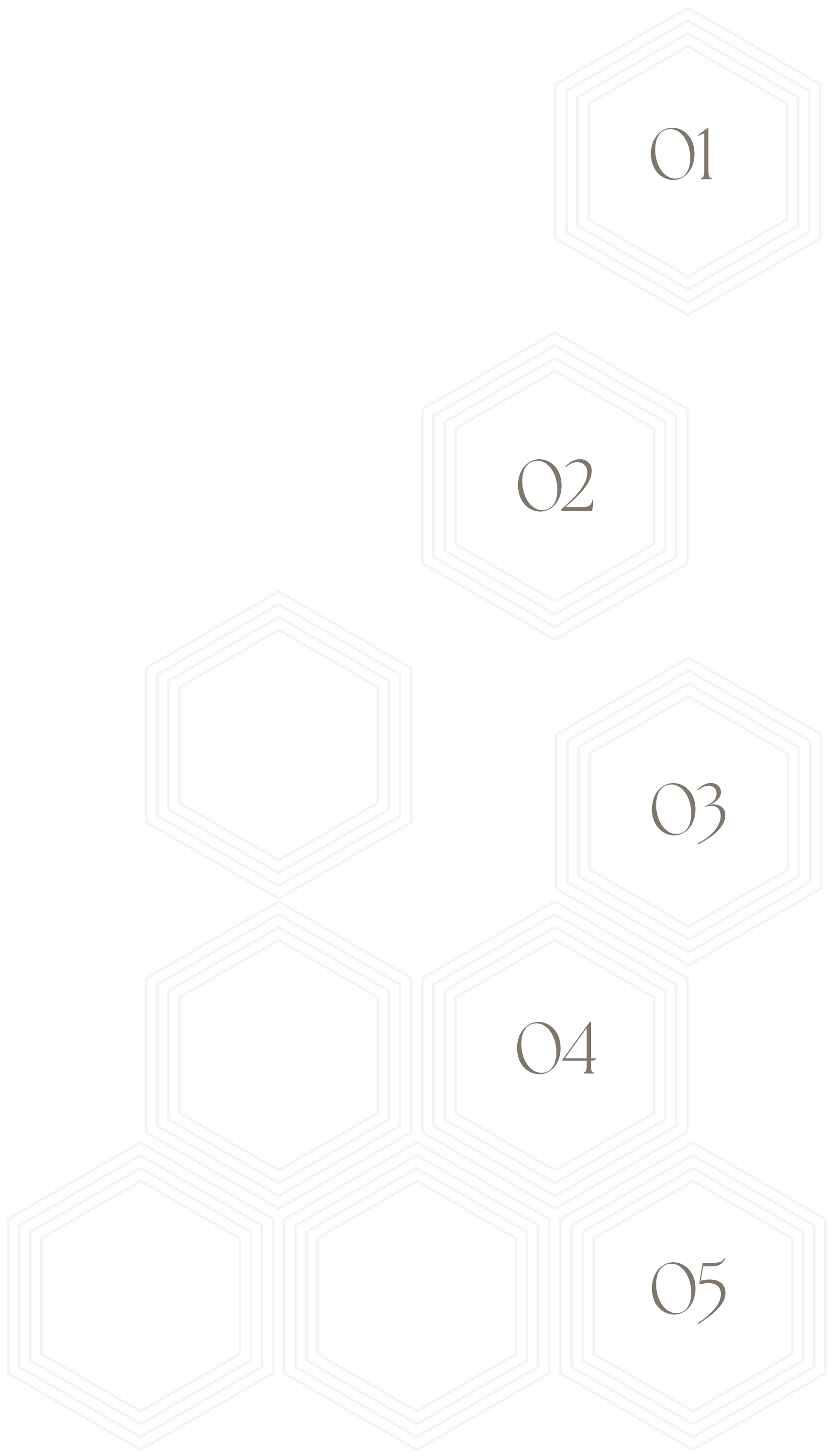 A black background with seven white outlined hexagons arranged in a geometric pattern. Five of the hexagons contain numbers from 01 to 05, written in gray, centered inside each hexagon.