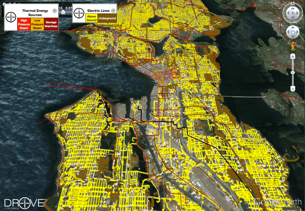 Map of New York City showing thermal energy sources in red and yellow for high and low pressure steam, sewage mains, and electrical lines indicating above ground and underground infrastructure.