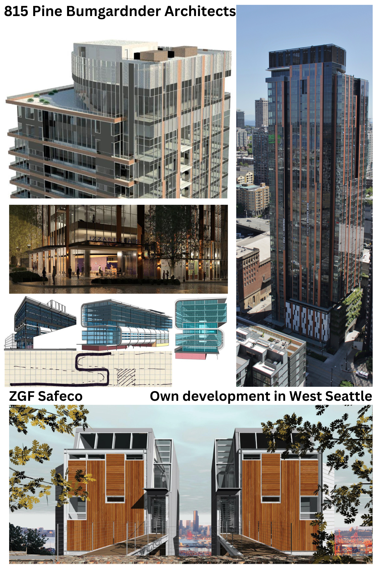 Collage of architectural designs and buildings, including a high-rise building, an evening shot of a lit-up commercial building, architectural blueprints, and modern residential houses in West Seattle.