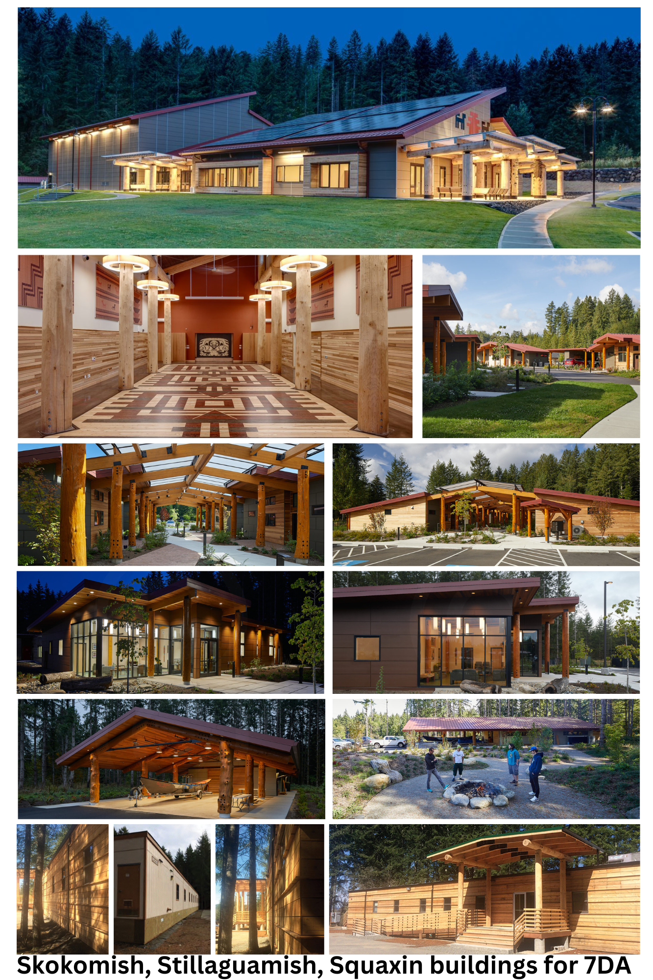 A collage of images showing various modern wooden buildings and structures, including a large community center, interior spaces with wood design, outdoor pathways, covered walkways, and recreational areas, all set in a natural forested environment.