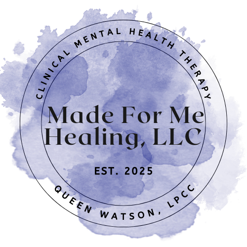 Logo for 'Made For Me Healing, LLC,' a clinical mental health therapy practice established in 2025, featuring a dark blue watercolor background with circular text.