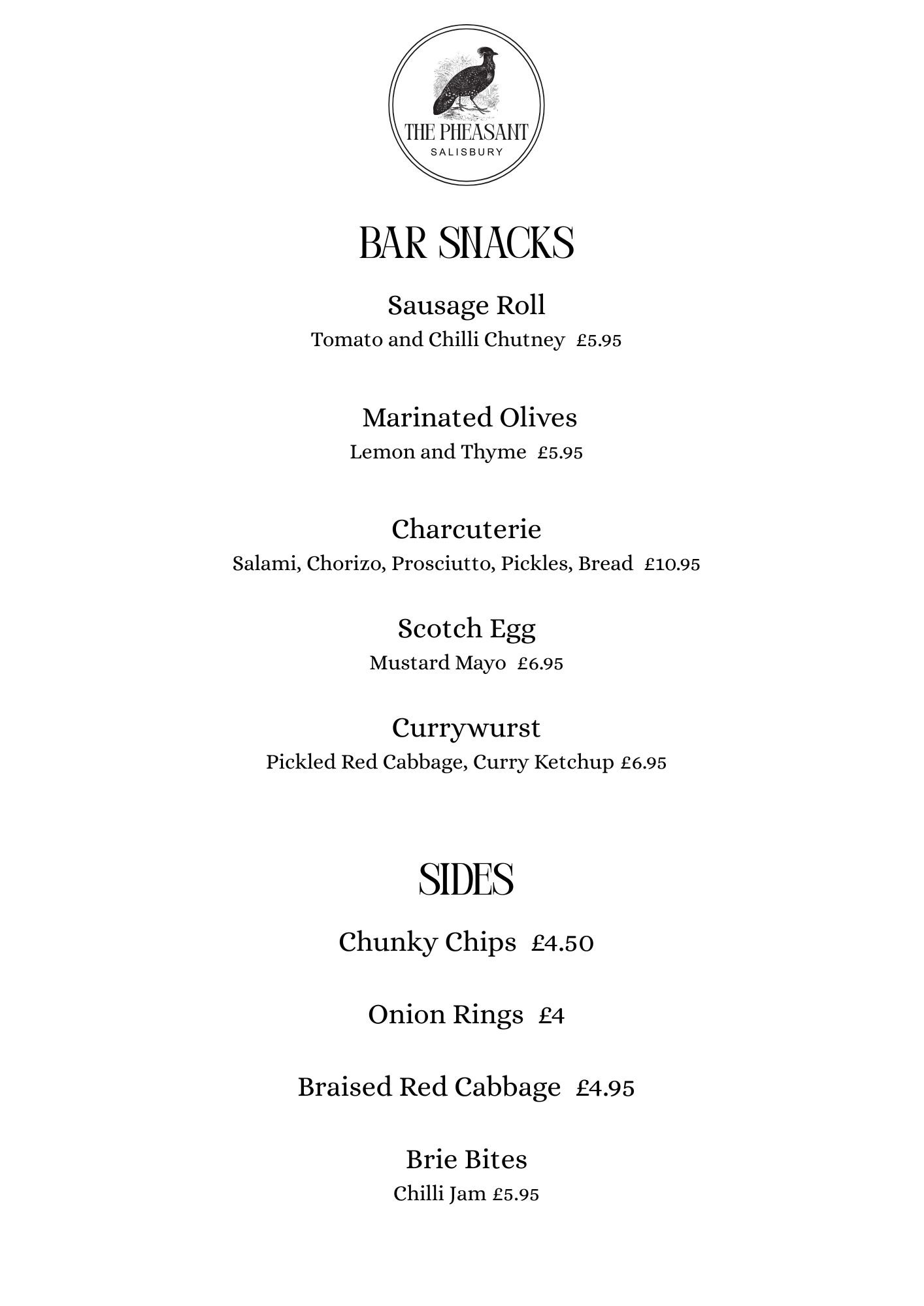 Menu from The Pheasant Salisbury listing bar snacks and sides with items and prices.
