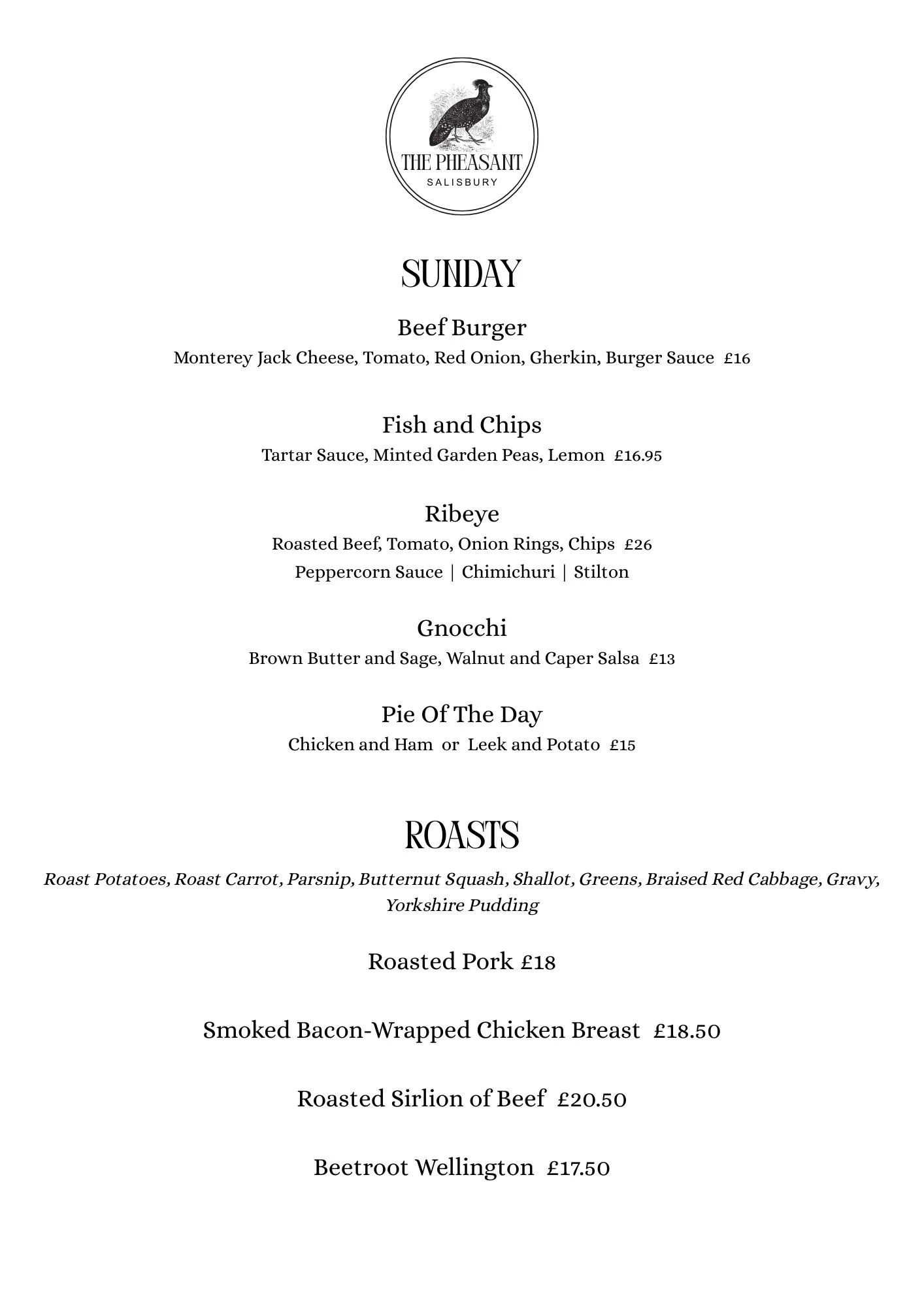 Dinner menu from The Pheasant in Salisbury, featuring Sunday specials typical of a British pub including beef burger, fish and chips, ribeye, gnocchi, pie of the day, and various roasts with prices listed.