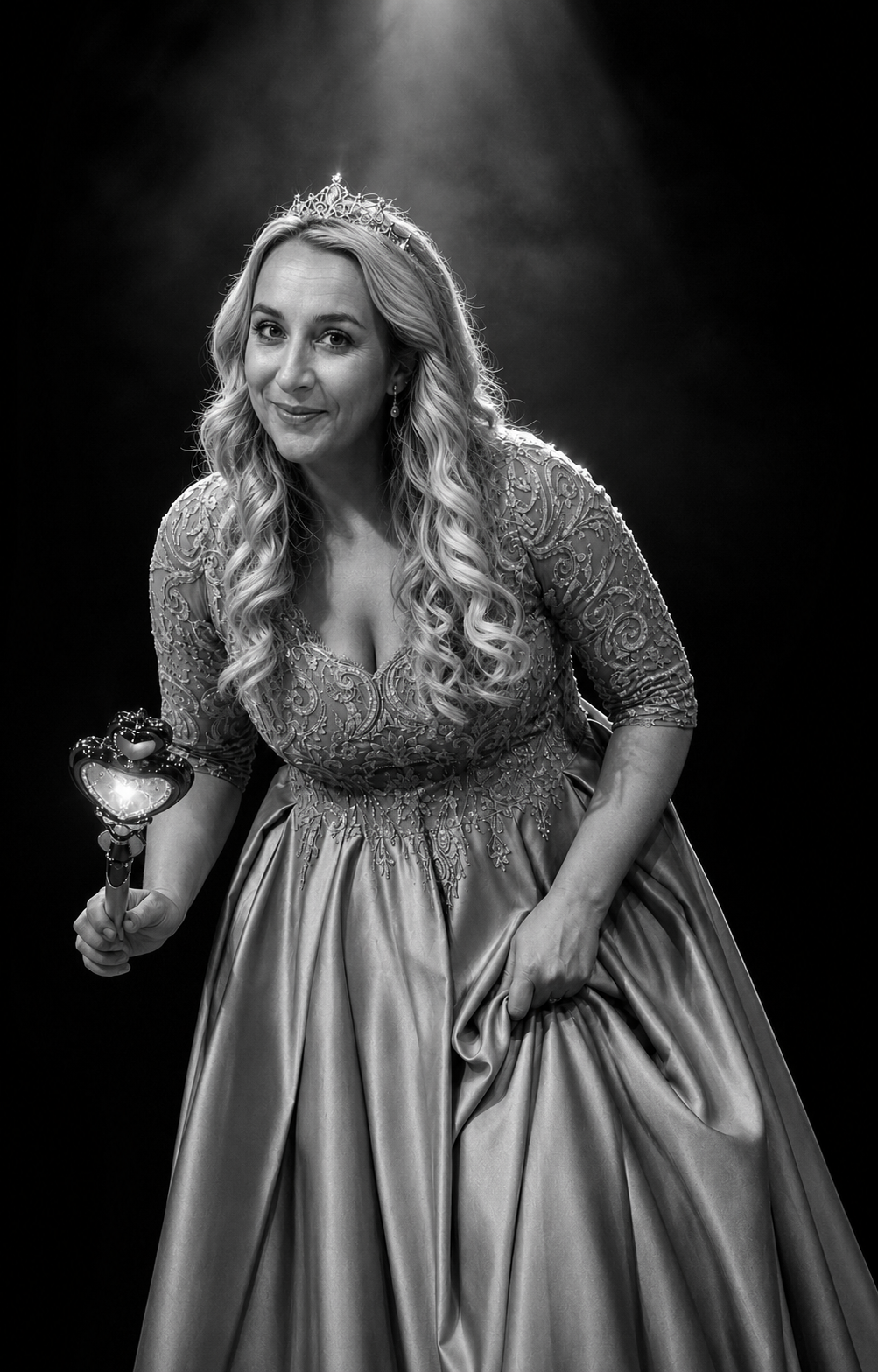 Amy Oughton performing as a fairy godmother in a stage costume.