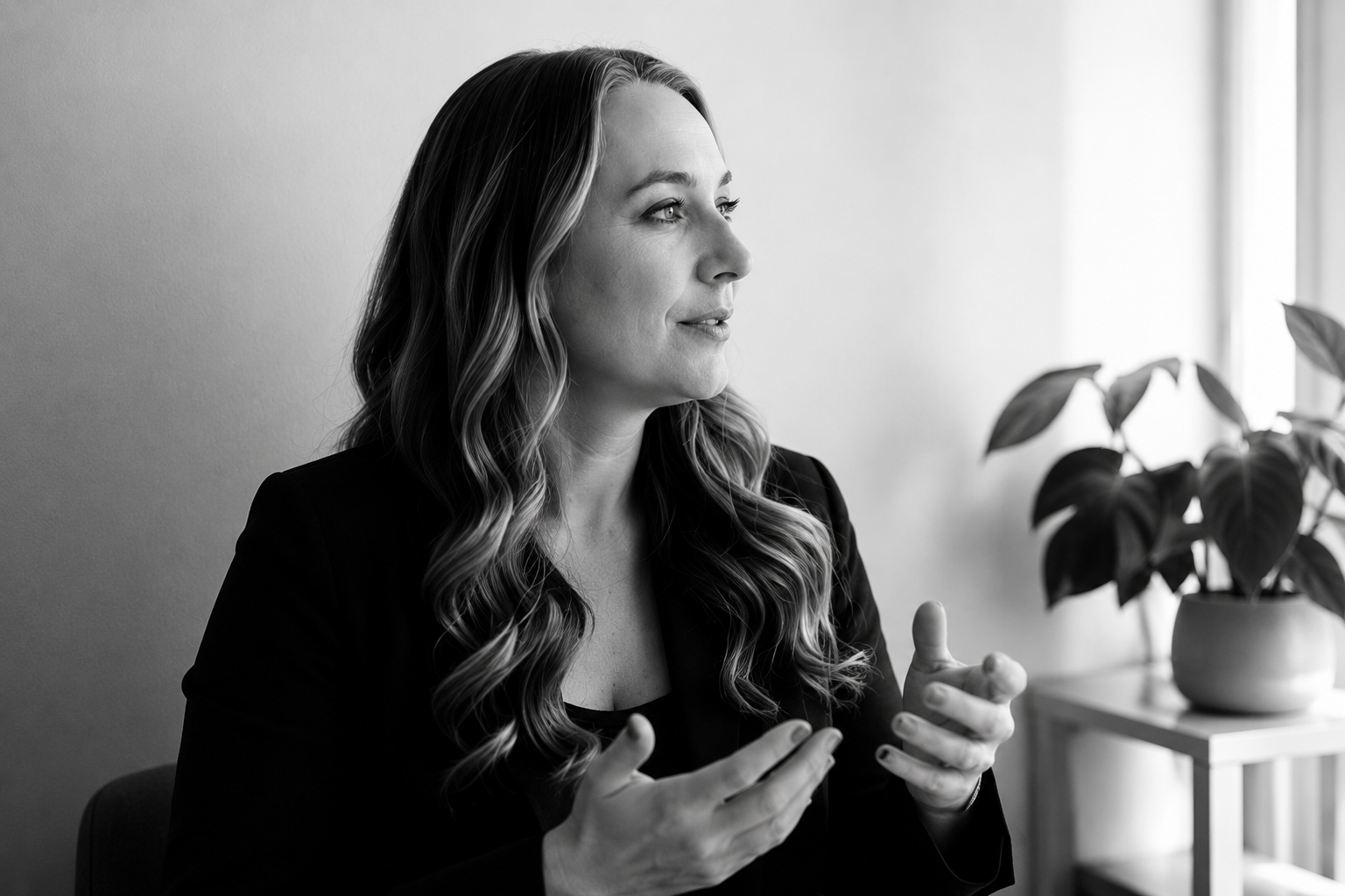 Amy Oughton speaking and gesturing during a seated conversation.