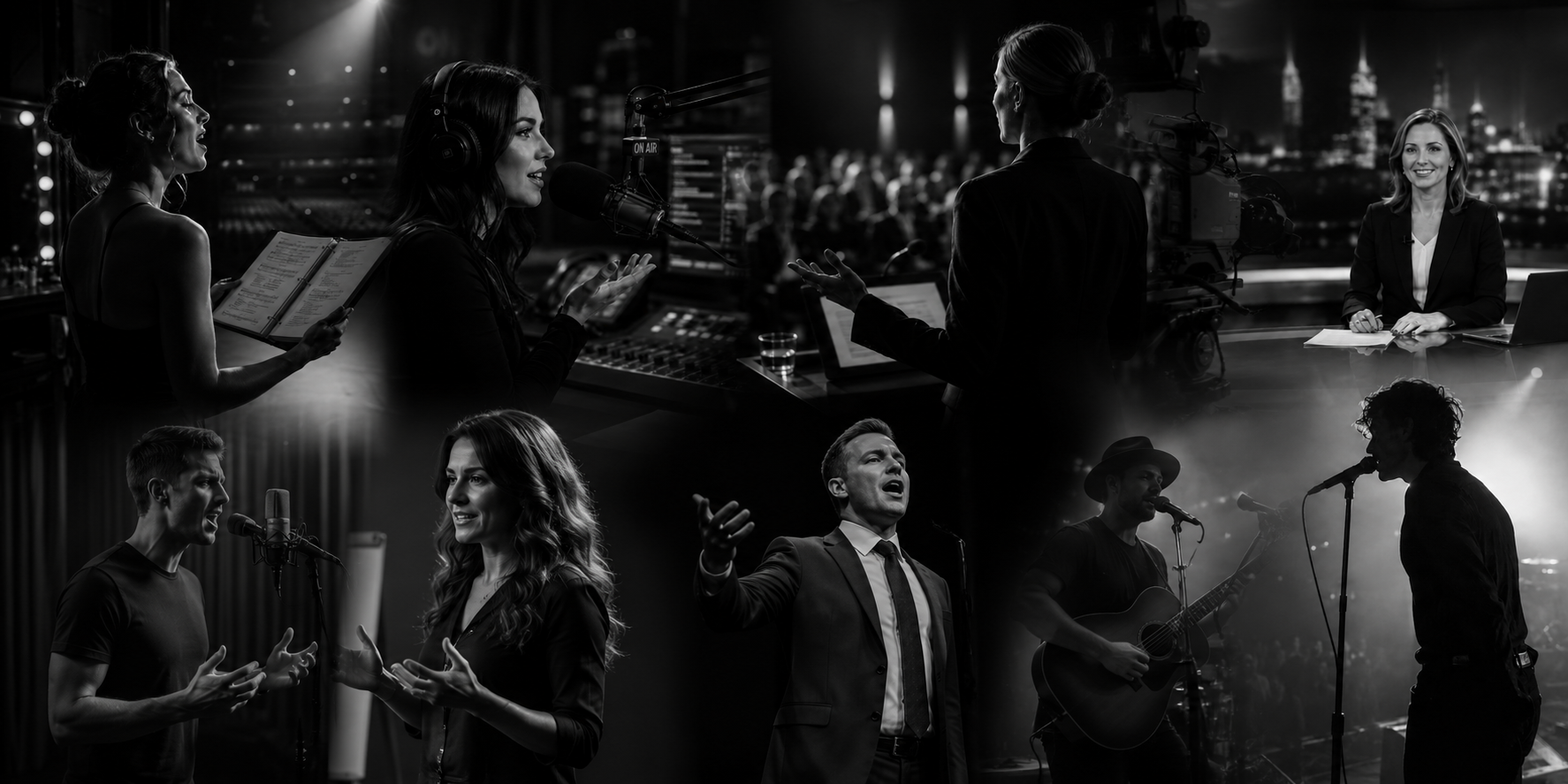 Collage of radio, recording and live-performance voice professionals.