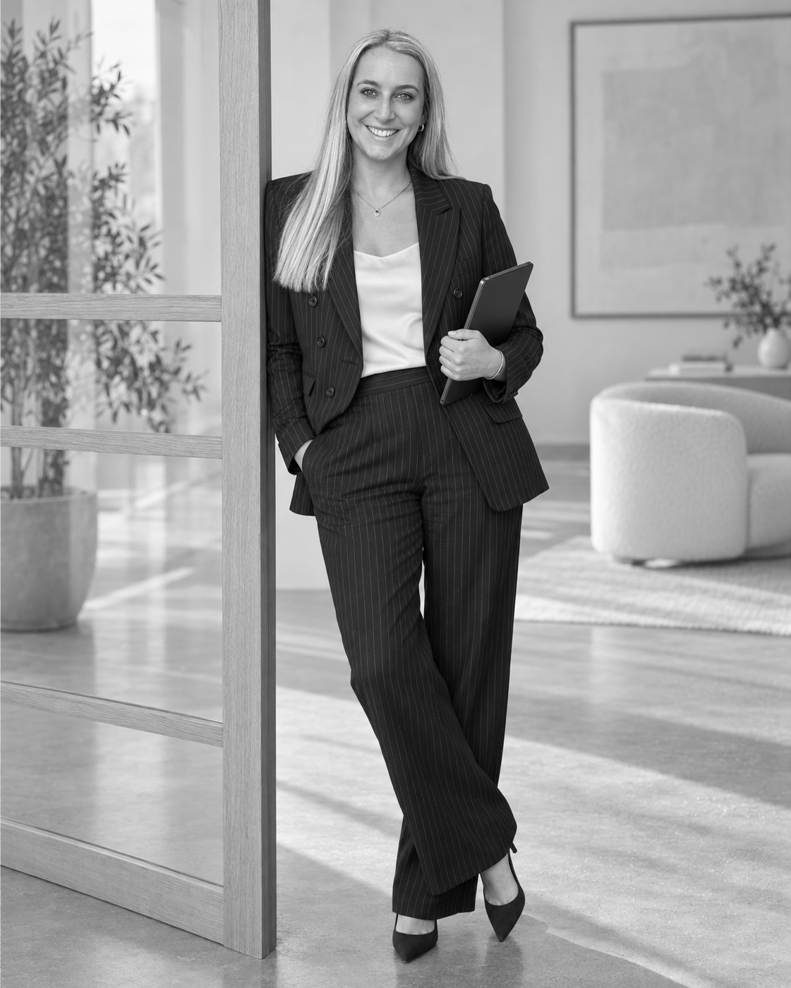 Amy Oughton in a navy pinstripe suit holding a laptop in a modern office.