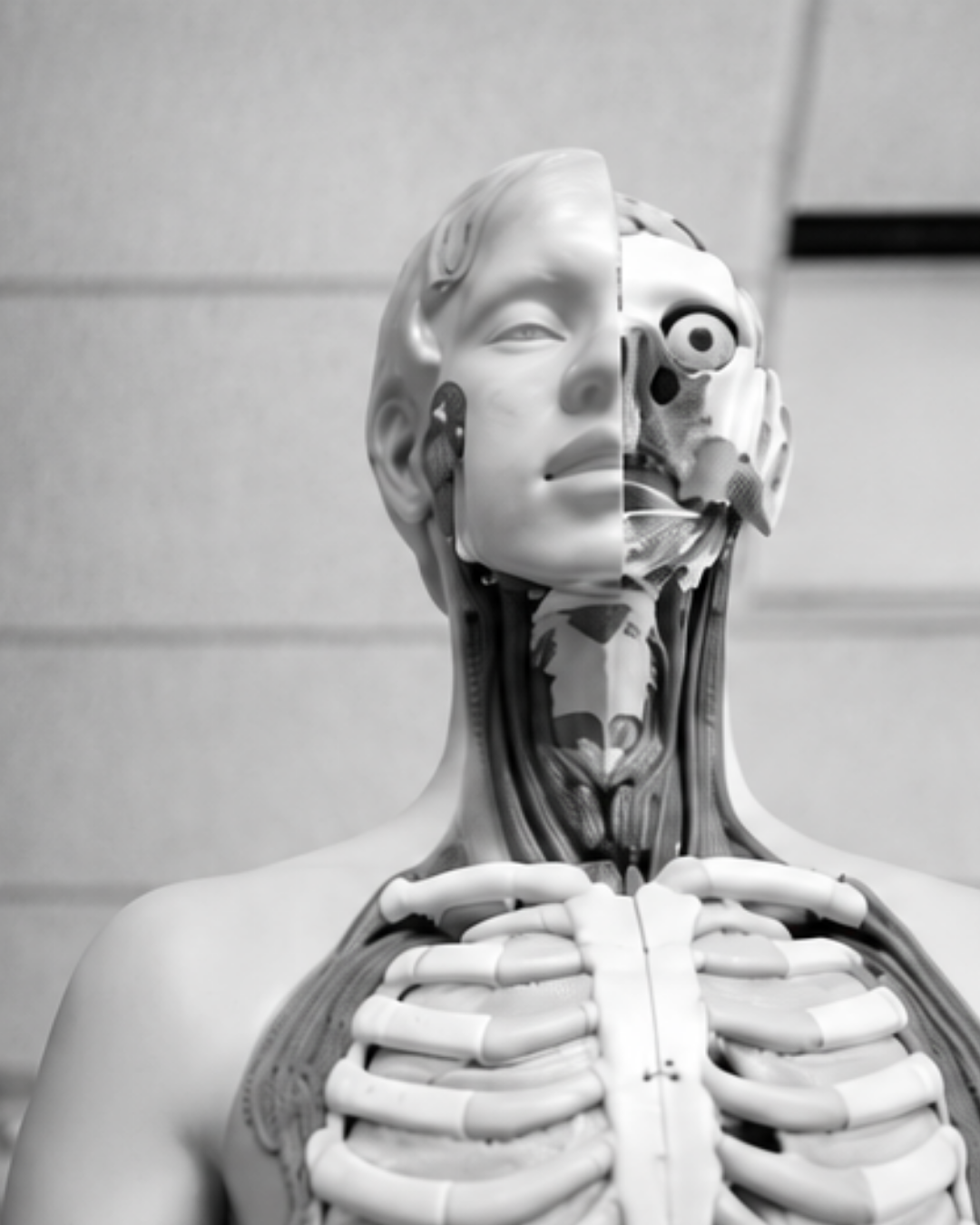 Black-and-white anatomical model showing facial muscles, the skull and upper-airway structures.