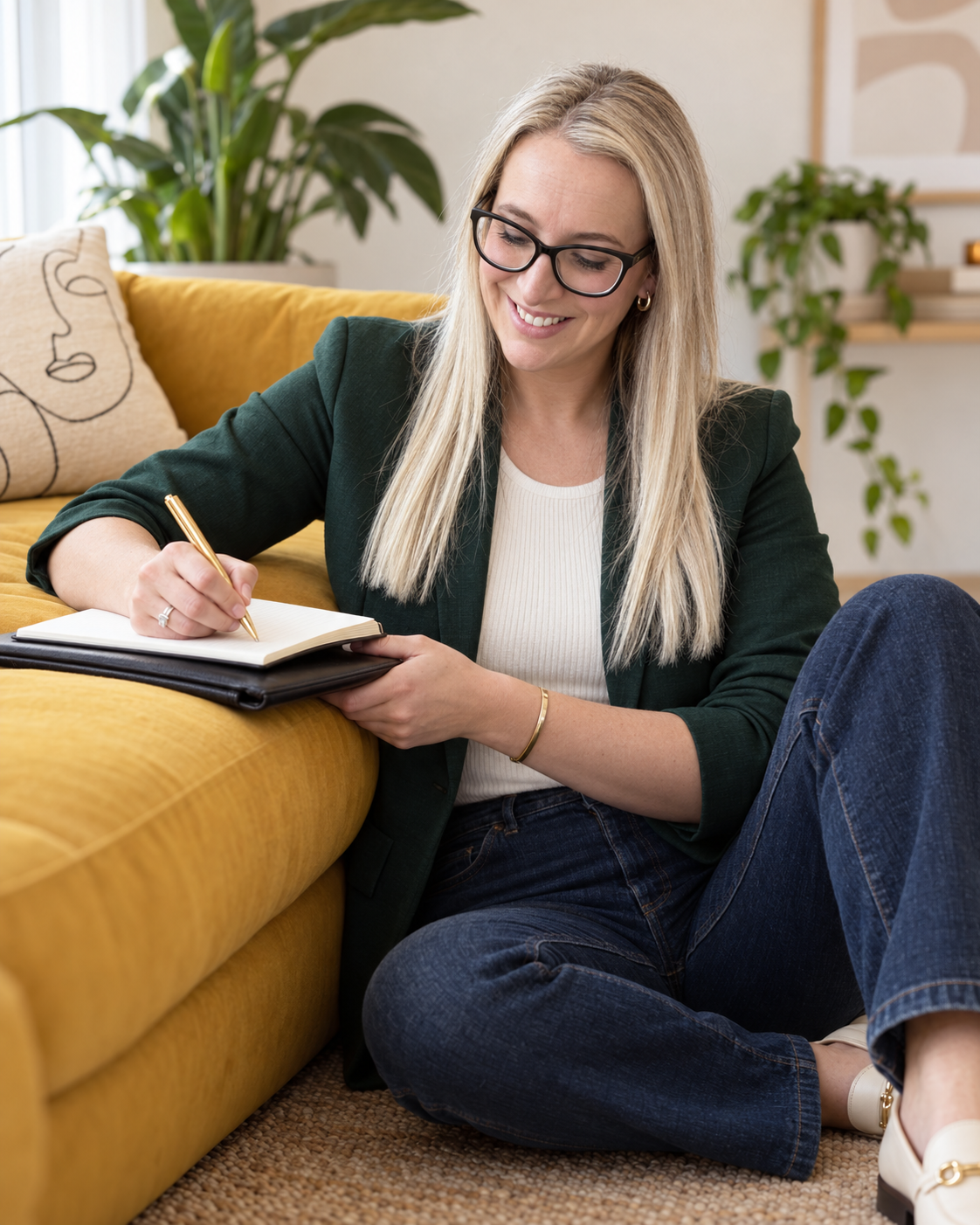 Amy Oughton writing in a notebook beside a mustard sofa.