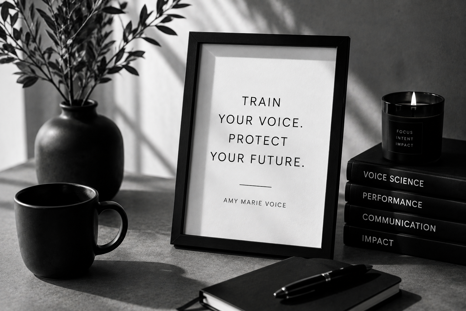Amy Marie Voice desk display with the message “Train your voice. Protect your future.”