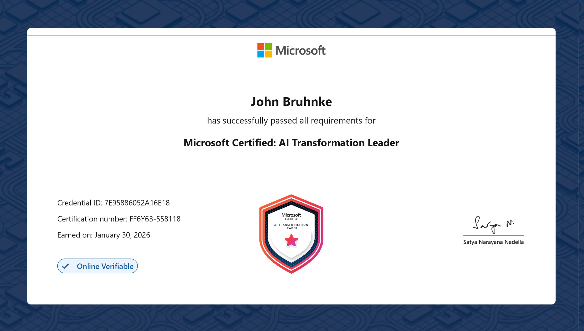 John Bruhnke Microsoft Certified AI Transformation Leader certificate